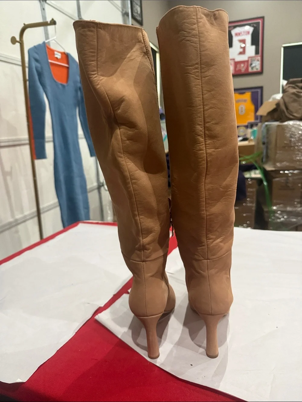 ANTONIO MELANI Tan Over-the-Knee Pointed Toe Heel Boots